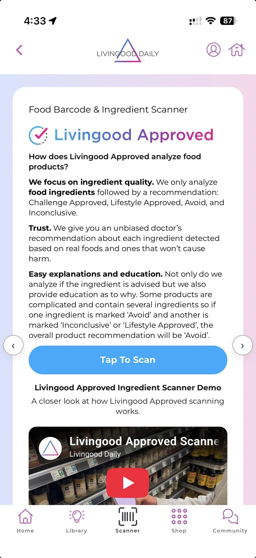 Livingood Daily ingredient and barcode scanner
