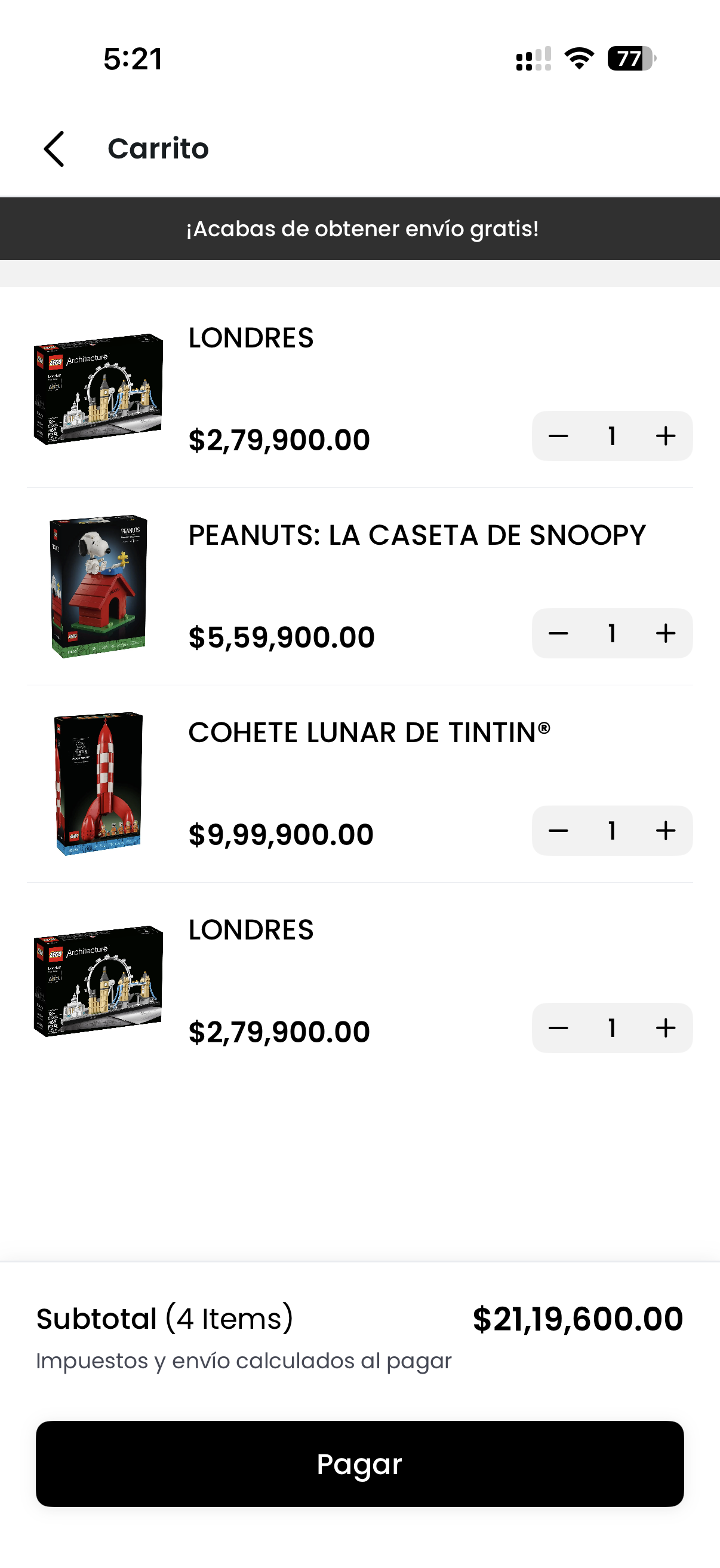LEGO app shopping cart with local currency pricing