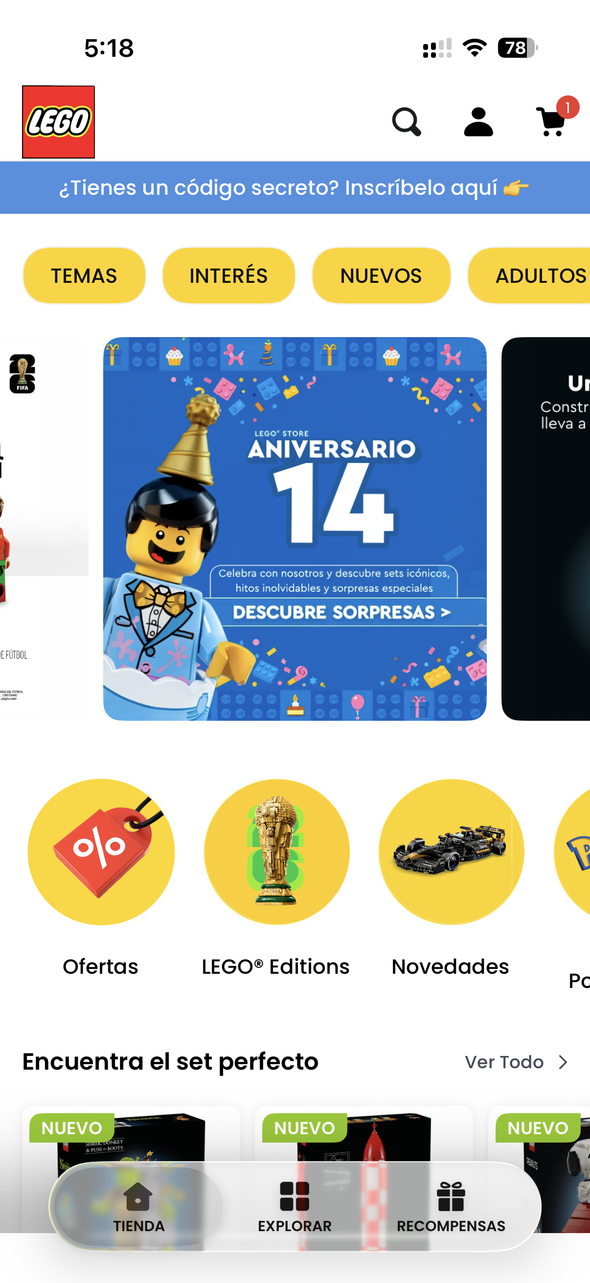 LEGO Colombia app home screen with local catalog