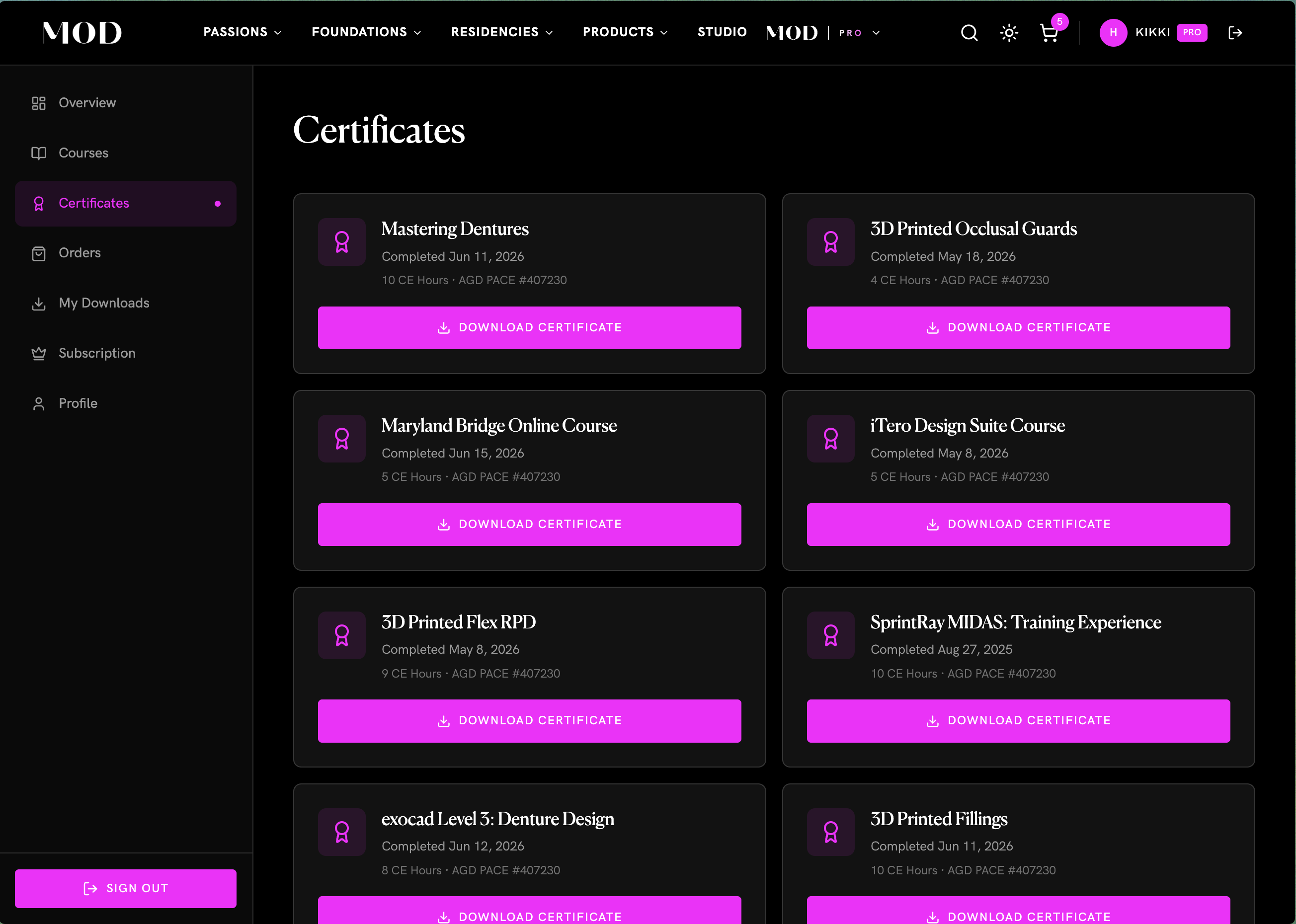 MOD Institute certificates dashboard showing completed courses with instant certificate downloads