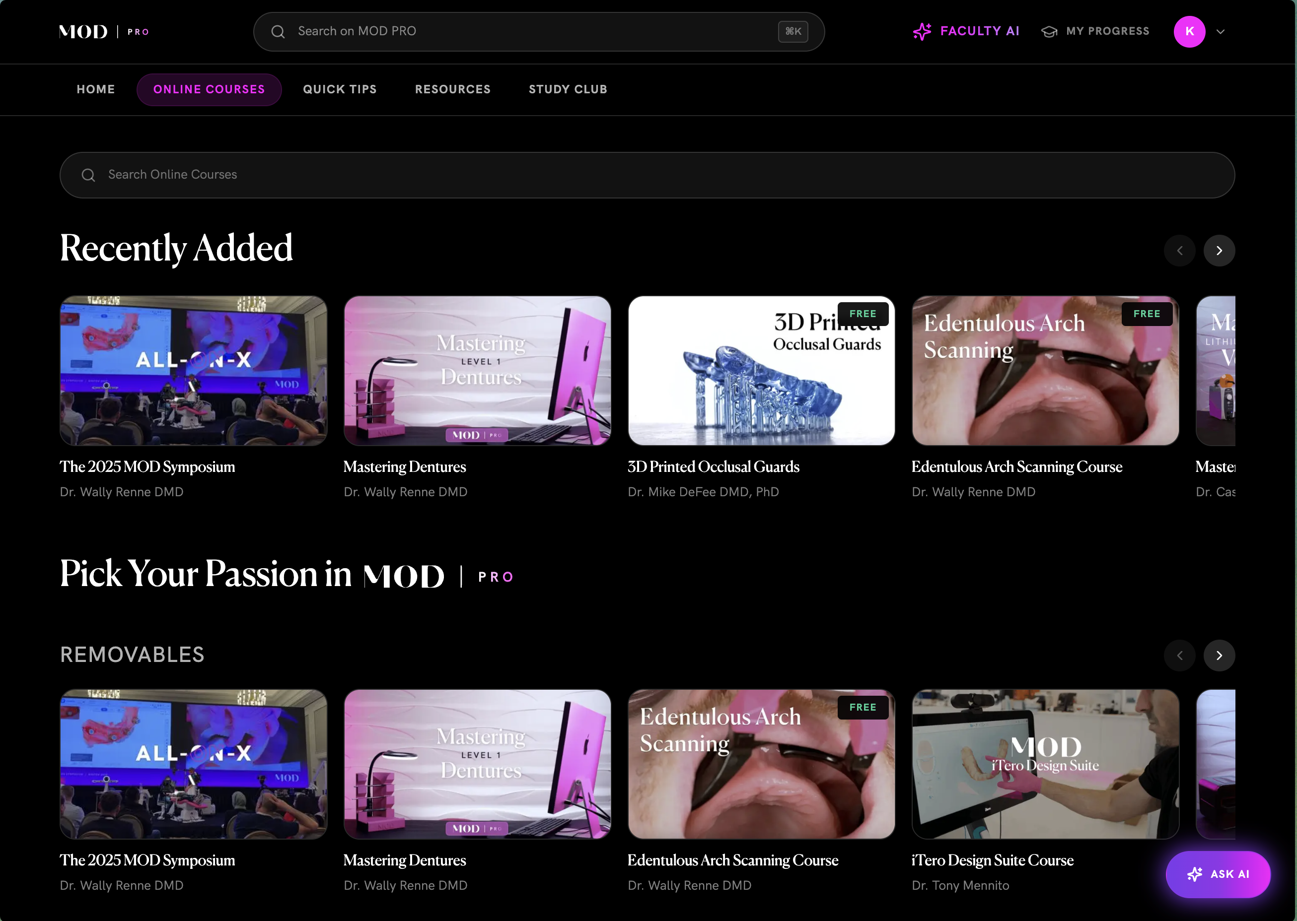 MOD Institute online course catalog showing Recently Added courses and passion-based browsing