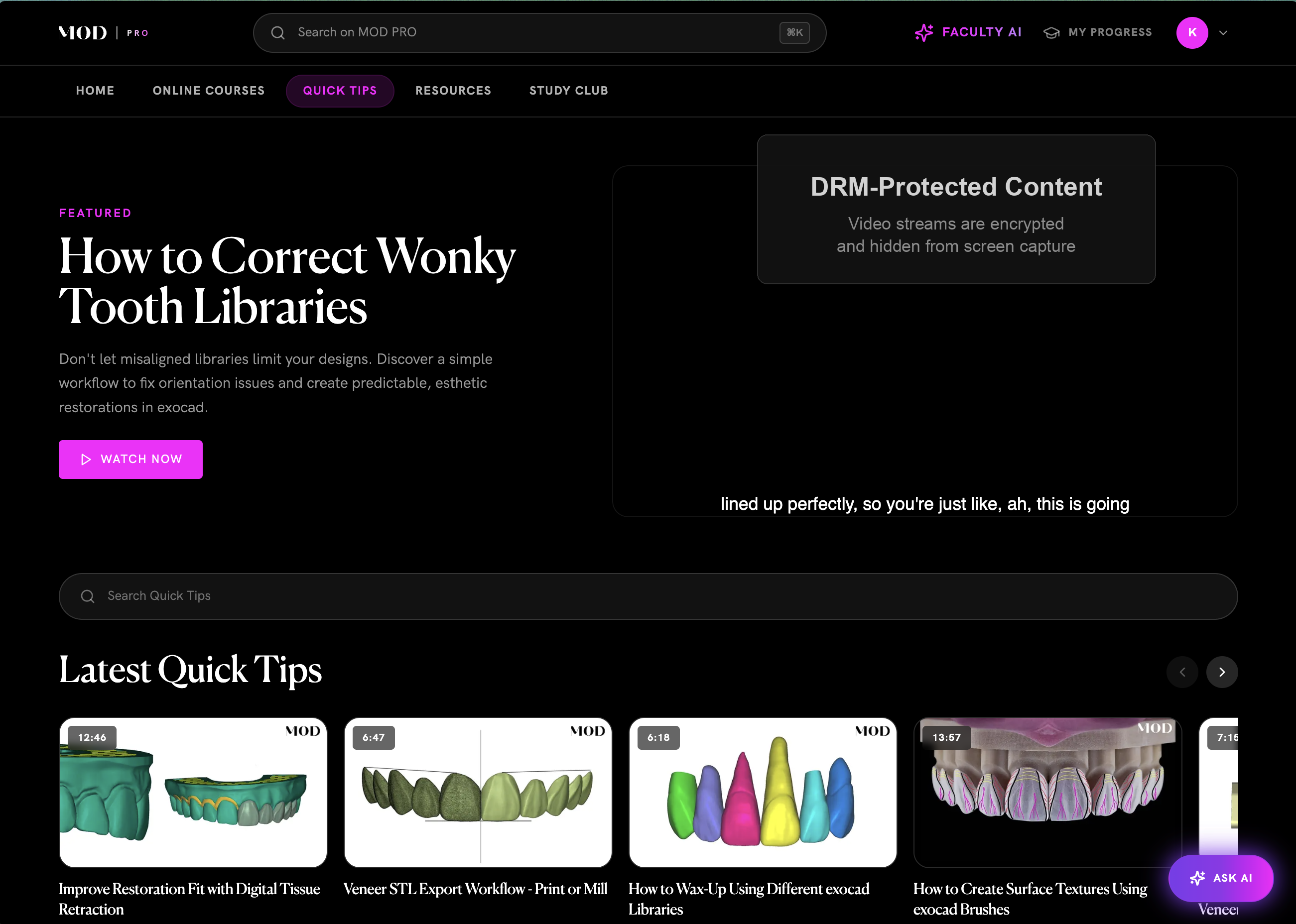 MOD Institute Quick Tips page with featured video, search, and browsable video library