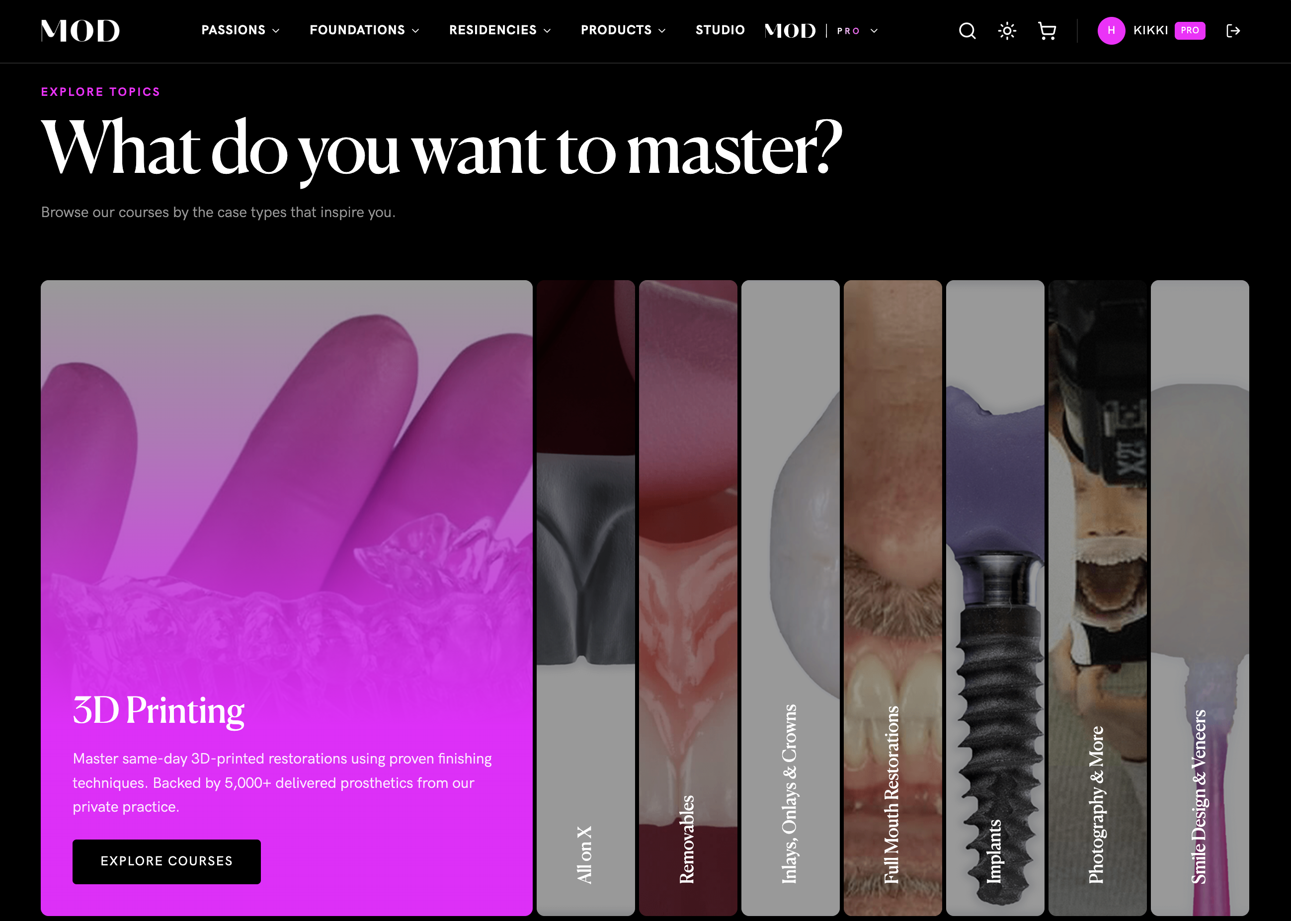 MOD Institute website showing course topics and category browsing